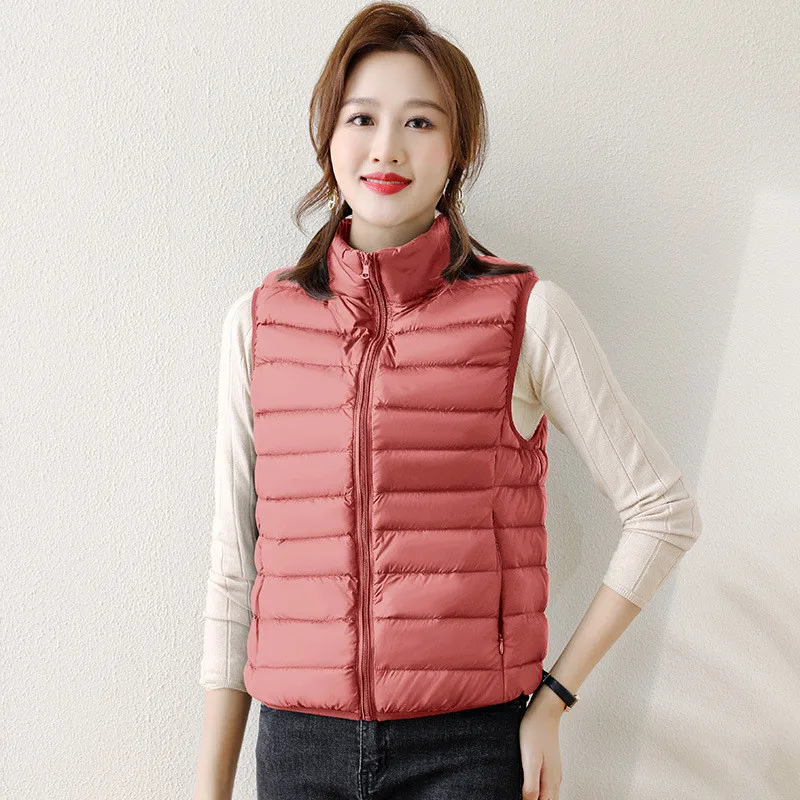 겨울용 초경량 90% 화이트 덕다운 베스트 코트 여성용 따뜻한 다운 조끼 재킷 여성 스탠드 칼라 슬리브리스 숏 탱크탑