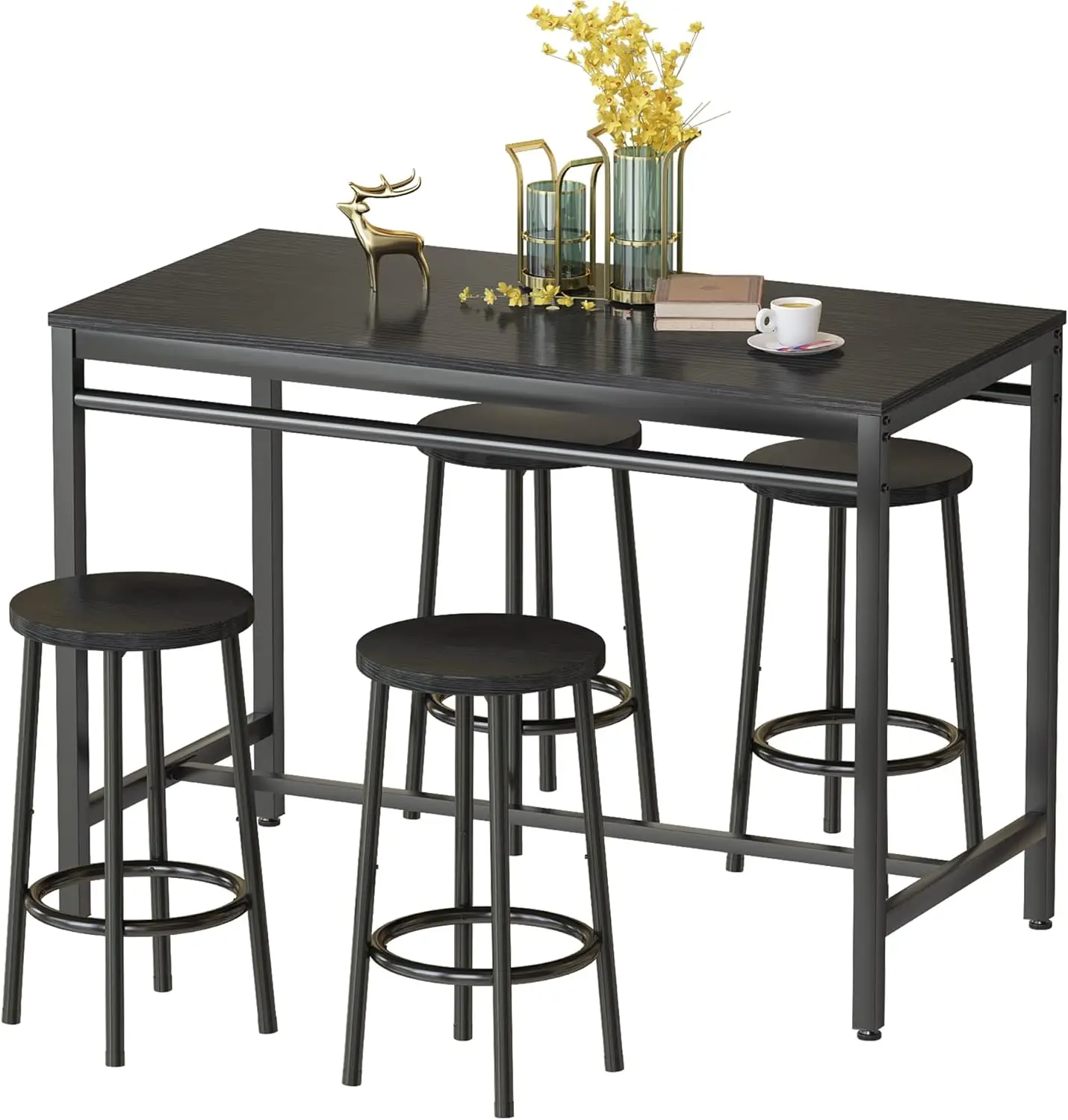 5 Pieces Bar Table Set, Kitchen Table and Chairs for 4, Industrial Counter Height Pub Dining Set with 4 Round Bar Stools,  Black