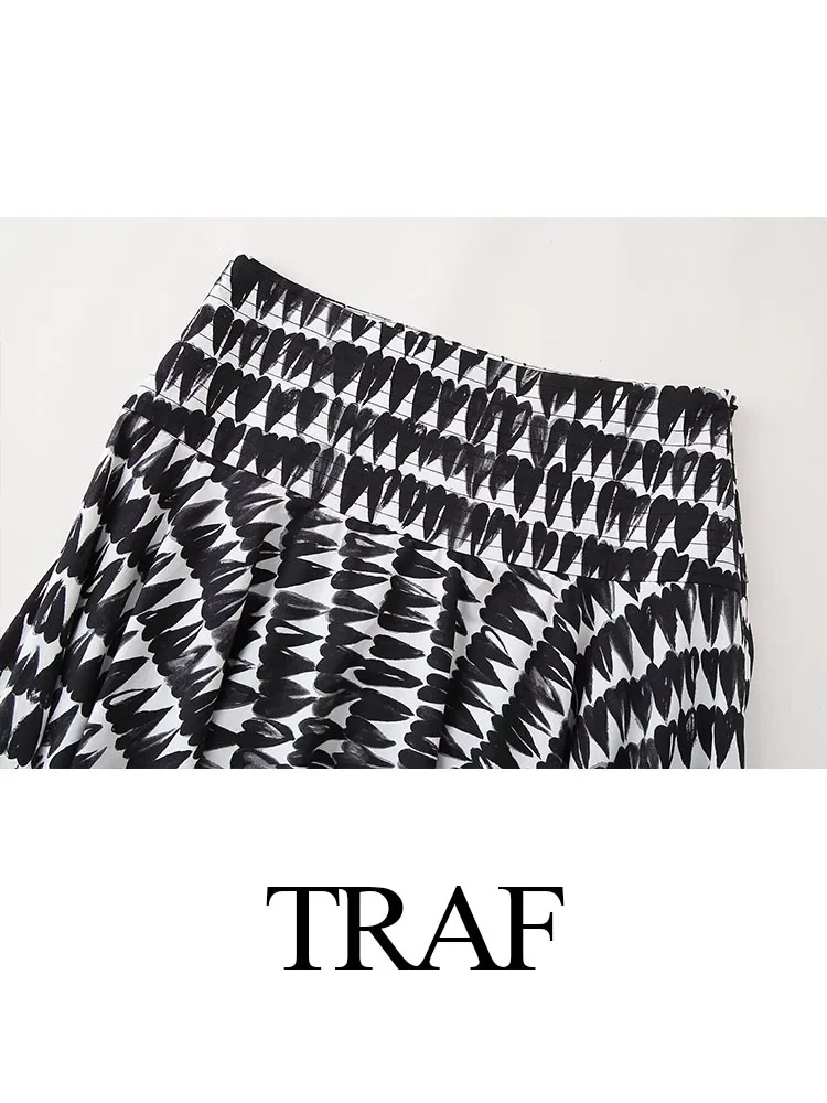 TRAF 2024 Woman Chic Print Skirt Elegant Vintage Casual Long Skirts Women's Side Zipper Low Waist Female Pleats Skirt Streetwear
