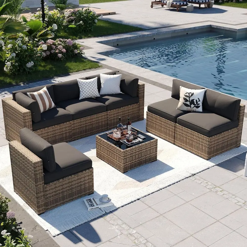 7-Piece Cushioned Outdoor Patio Furniture Set with Wicker Sectional for Backyard, Poolside, Garden