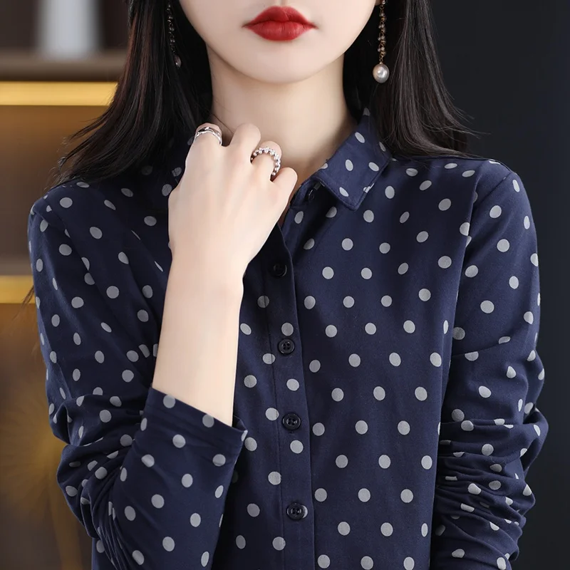 

Spring New Ladies Collar Open Cardigan Pure Cotton Loose Polka Dot Faion Long Sve irt Loose Base irt