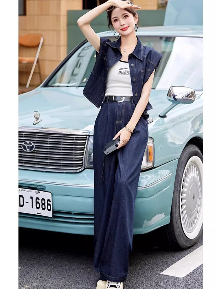 High Quality French Denim Two Piece Set Women Jeans Jackets Sleeveless Coat Loose Wide Leg Pants Casual Streetwear Outfits