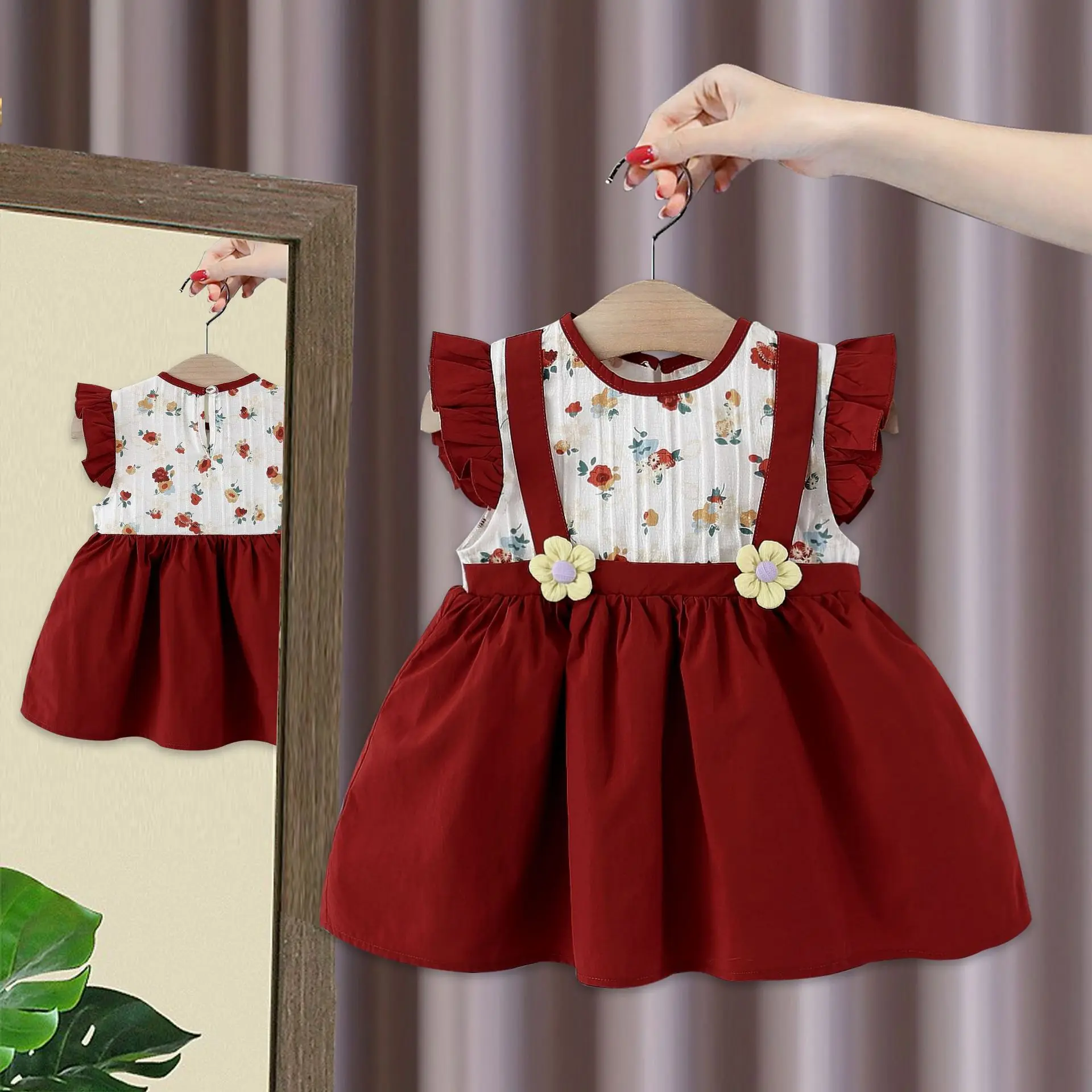 

2025 Summer New Girls Fly-sleeved Fake Two-piece Dress Children's Cute Flower Princess Dress