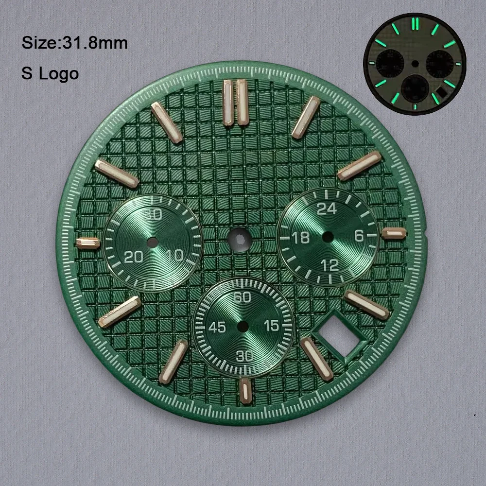 新しい 31.8 ミリメートル S ロゴダイヤル VK63 クォーツムーブメントに適したグリーン発光高品質オークダイヤル時計修正アクセサリー