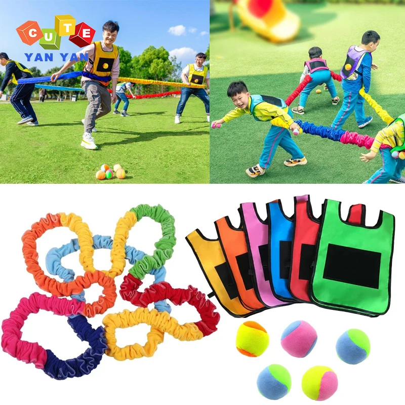 Team Building Sport Outdoor Toys Color Elastic Pull Rope Sensory Training Games Kids Adult with Sticky Ball Jersey Vest Throwing