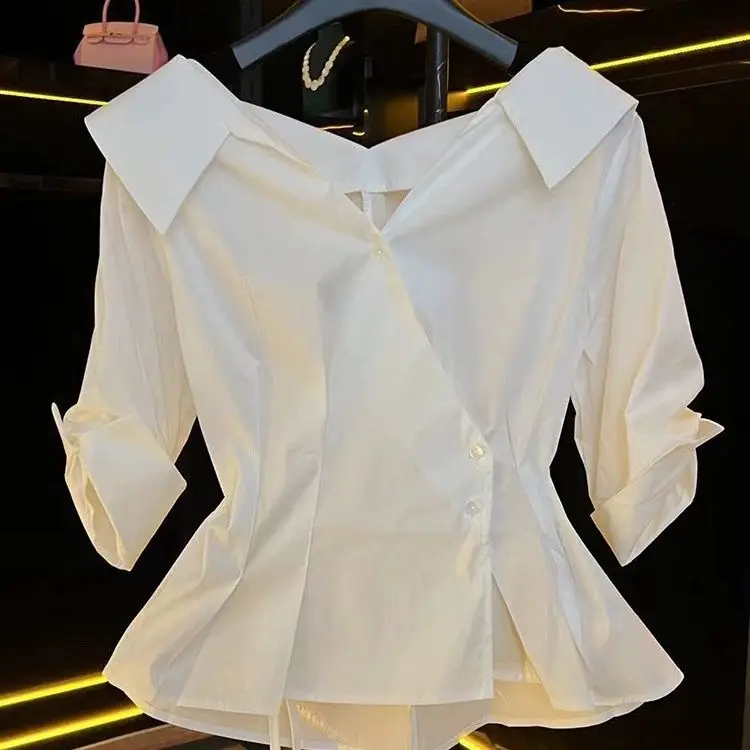 Oblique button V-neck short-sleeved shirt female summer new fashion irregular high-quality temperament shirt pleated slim top