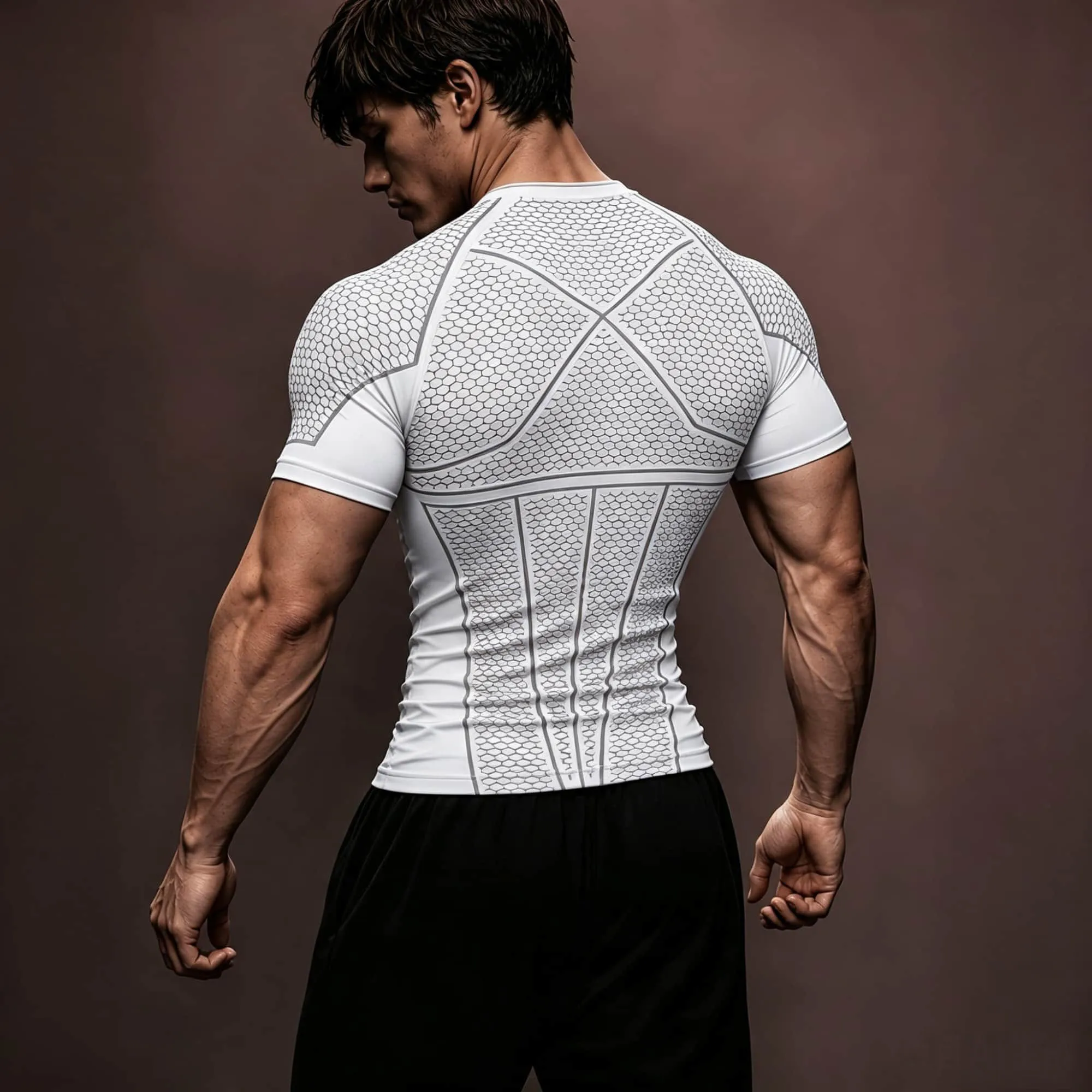 Techwear Grid Texture Athletic Compression Tee Herren Schwarz Gothic Font Print Atmungsaktives Lauf- und Gewichtheben-Kurzarmshirt – Detail 7