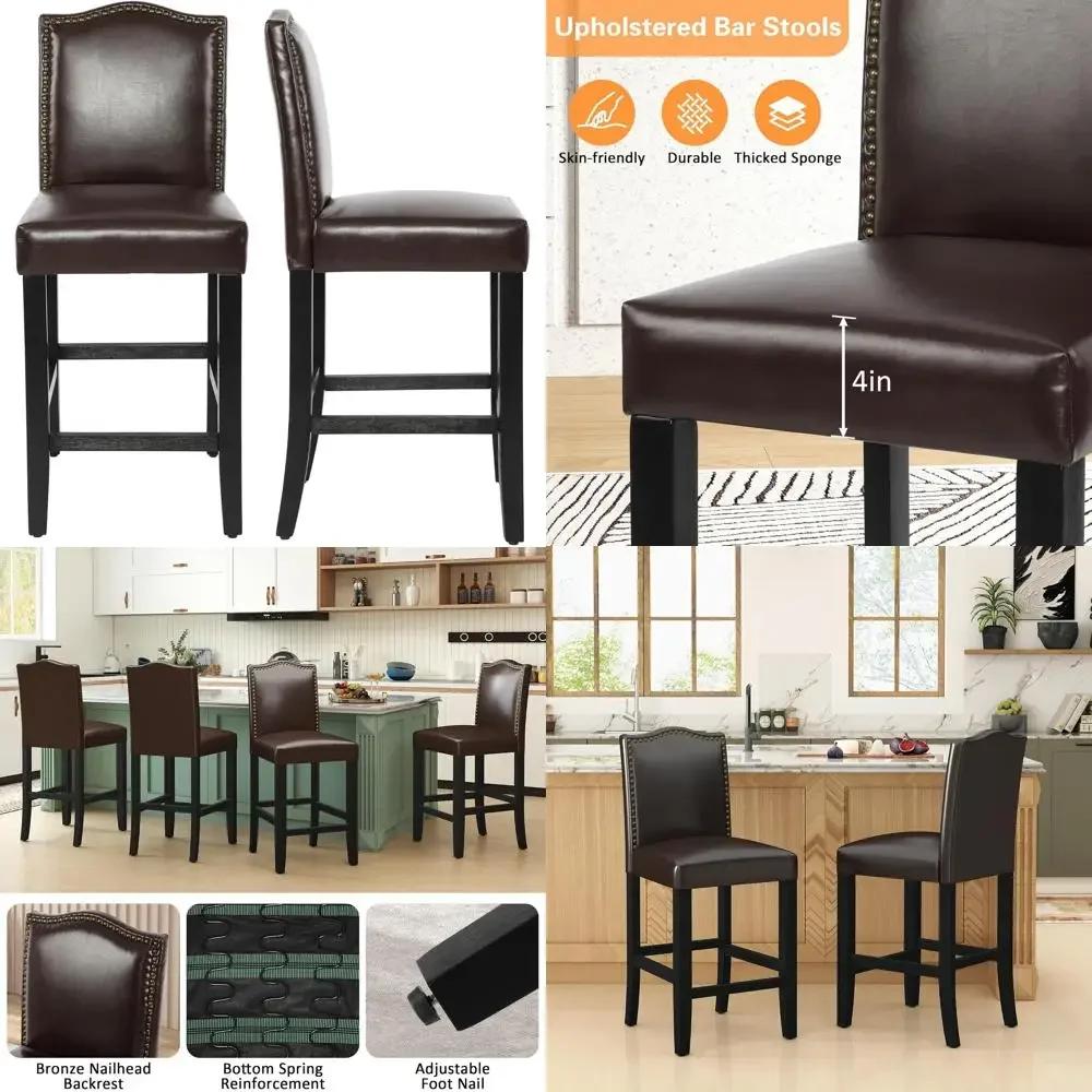 Upholstered Counter Height Bar Stools Set of 2, 24.8 Inch High, Kitchen Island Chairs with Bronze Nail Head Backrest and Solid W