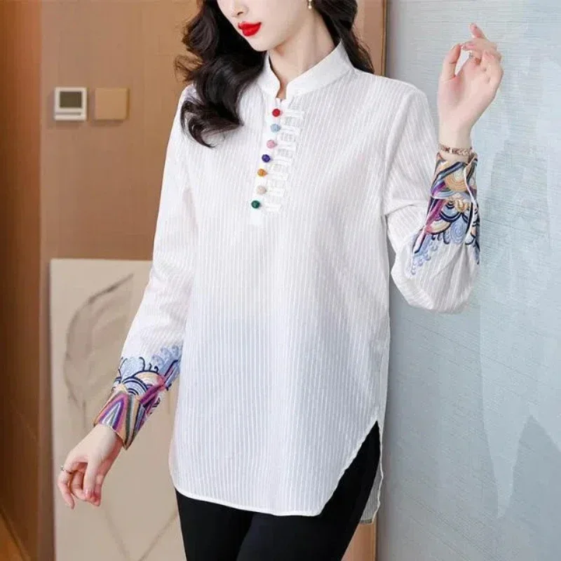 

Women High Street Casual Embroidered Pullovers Vintage All-match Tops Spring Autumn New Stand Collar Fashion Long Sleeve Blouse