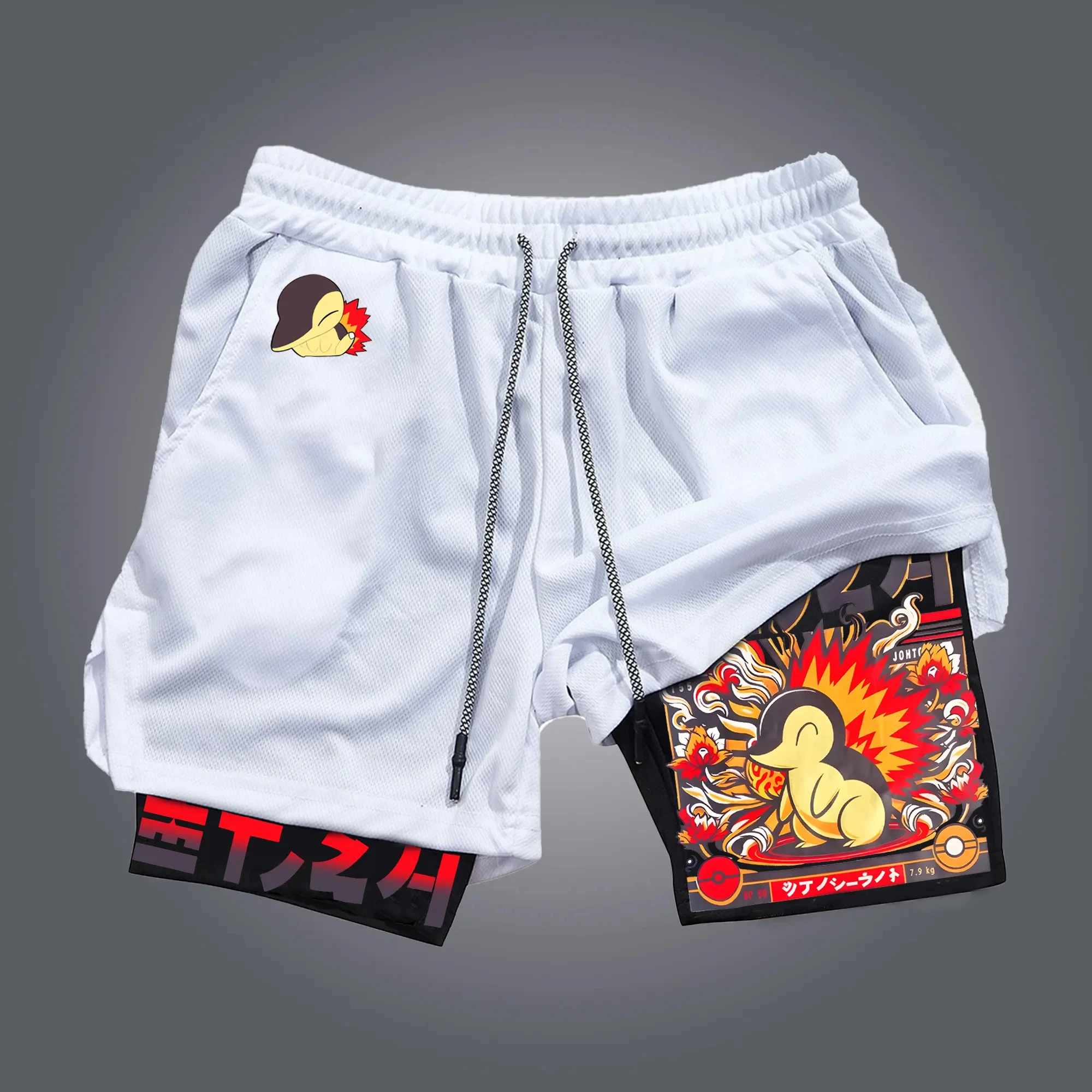 pokemon-magikarp-shorts-masculino-algodao-calcas-esportivas-2025-verao-grafico-bottoms-base-branca-vermelho-magikarp-personagem-amarelo-fin-detalhes