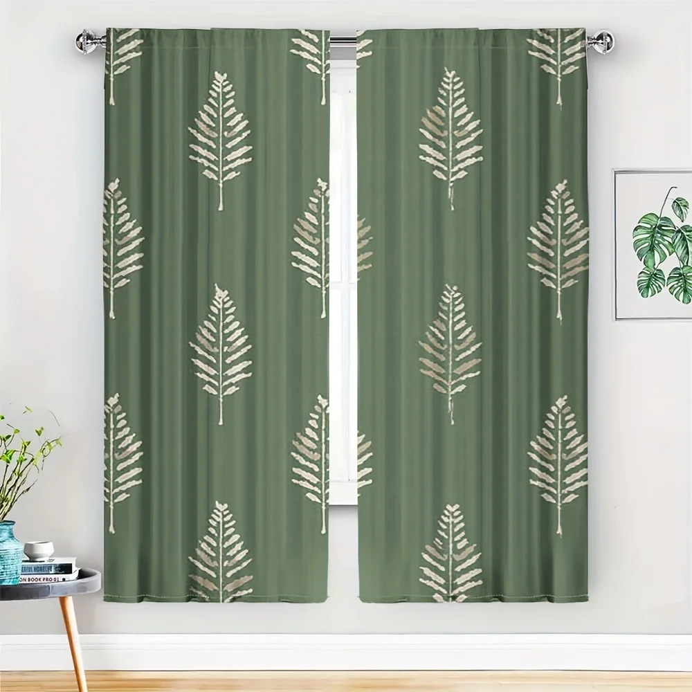 2pcs Minimalist Fern Curtain No Rod Olive Green Base Cream Block-Printed Leaf Motif Textured Linen-Look  Calm Modern Home Decor