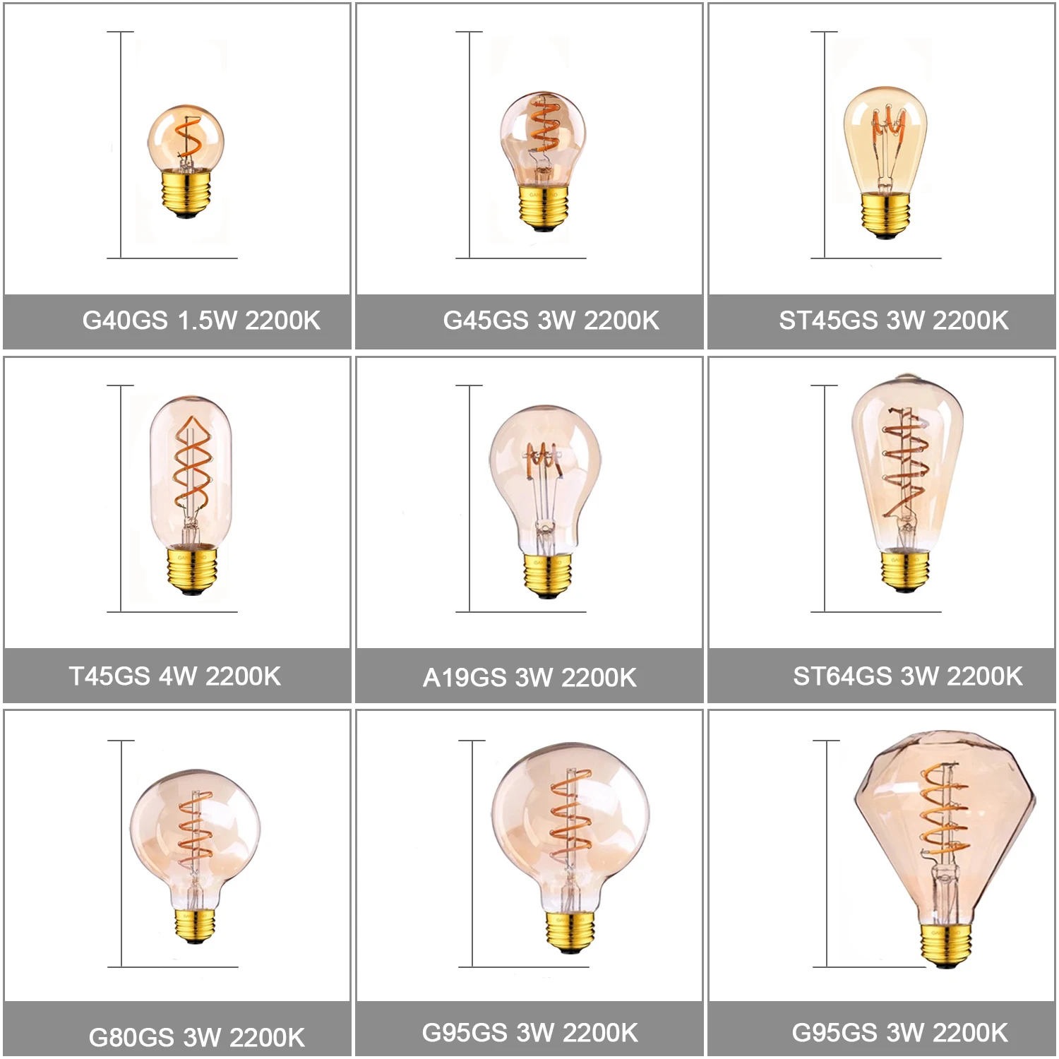 Imagem -02 - Dimmable Diamante Ouro Lâmpada Led Edison Espiral Lâmpadas Luz de Filamento G40 T45 St64 A19 G95 G80 E27 220v 3w 2200k