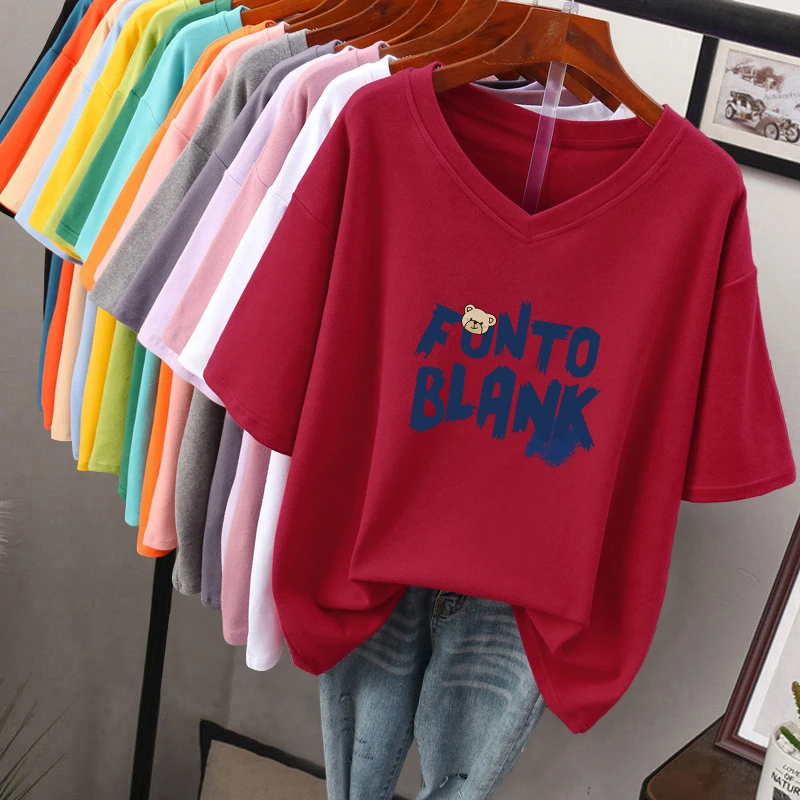 เสื้อยืดคอวีผ้าฝ้ายแท้ทรงหลวมขนาดพลัสสำหรับผู้หญิงแฟชั่นฤดูร้อนเกาหลี Sle f Sve Body Slimming Top