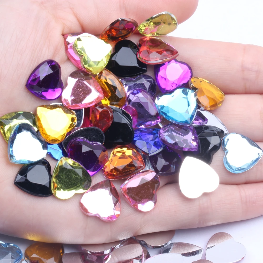 Flat Back Facets Acrylic Rhinestones 14mm 30/200pcs Heart Shape Many Colors Glue On Beads DIY Crafts Garments Decorations