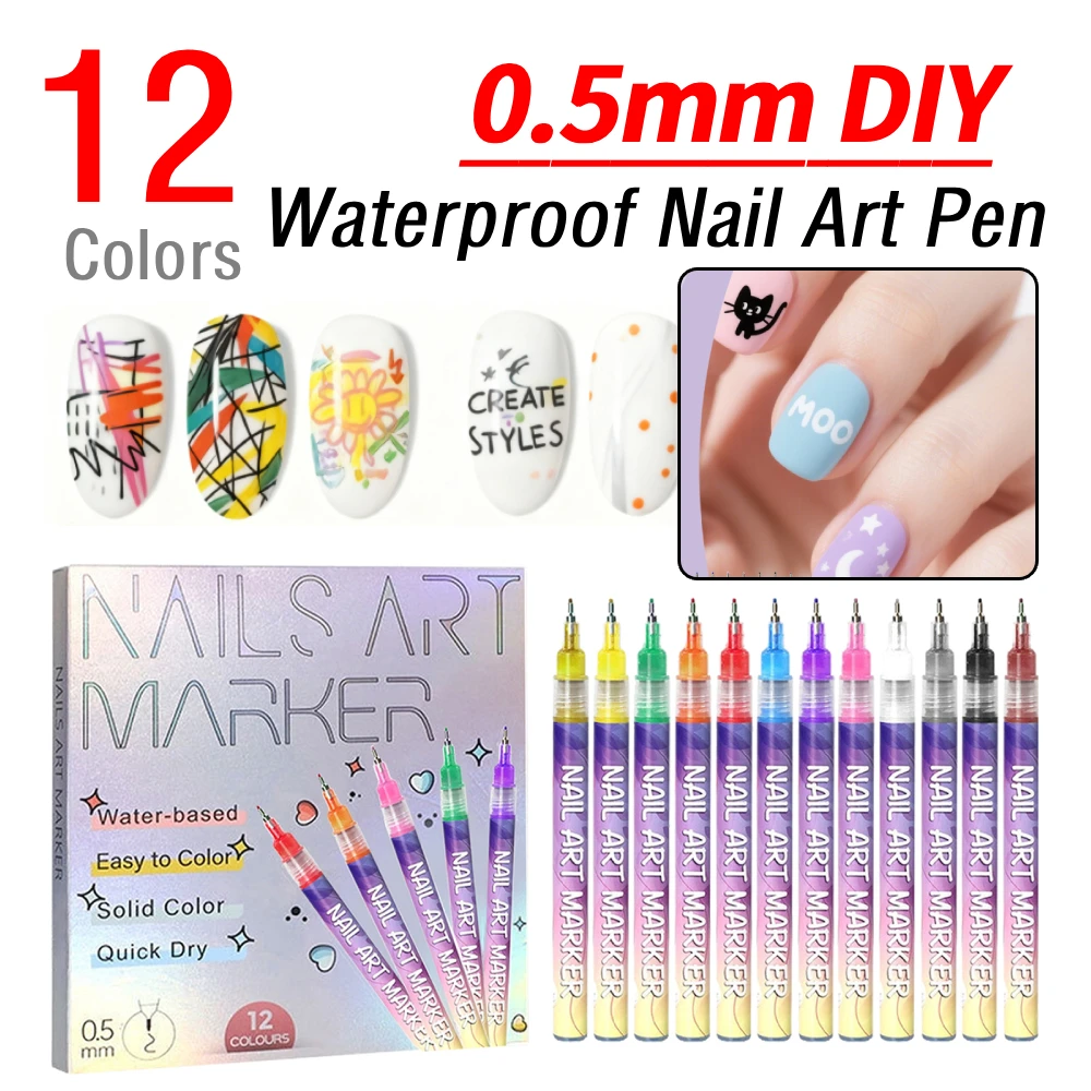 

12 Colors Waterproof Nail Art Pen DIY Nail Polish Doodle Pens Nail Art Markers Polish Pen for Home Salon Painting Drawing Tool