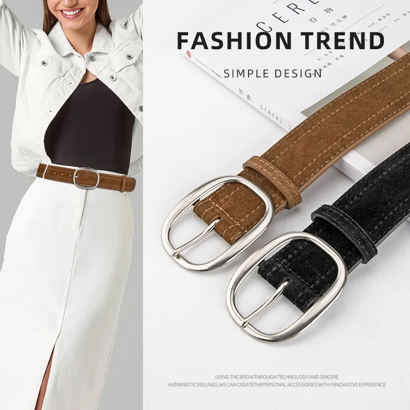 

Retro design frosted suede leather women's belt alloy round buckle to match jeans belt genuine leather belt