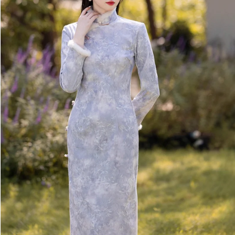 Women Satin Elegant Qipao Jacquar Sexy Hceongsam Long Sleeve Chinese Dress Print Vintage Button Dress Mandarin Collar Vestidos