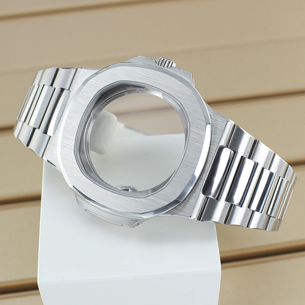 

43.3mm Ultra thin Silver Watch Case Sapphire Crystal Glass For Modified Nautilus Miyota 9015 Movement 30mm Dial 10ATM Waterproof