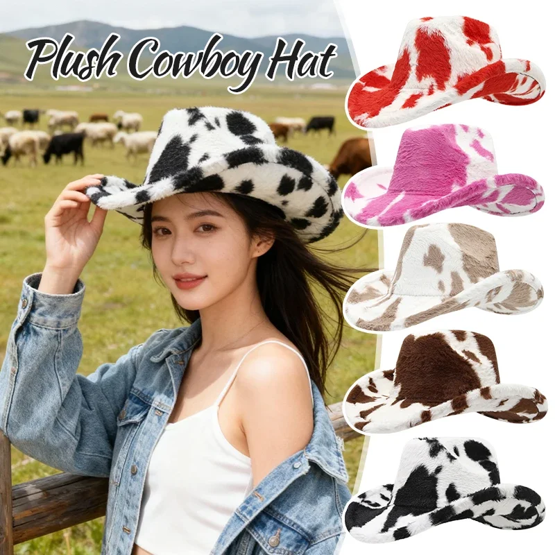 Winter Bucket Hat Cow Pattern Cowboy Hat Soft Fluffy Fur Men and Women's Panama Hat Fashion Travel Party Hat Warm Fisherman Cap
