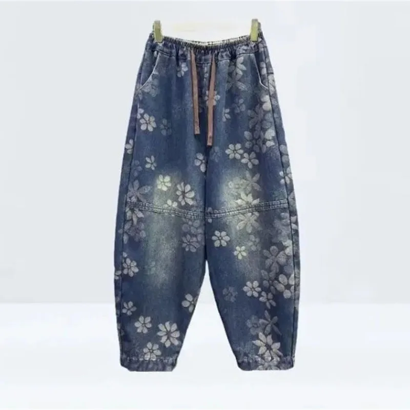 

Female Casual Jacquard Thicken Denim Trousers Spring Autumn Women Fashion High Waist Cowboy Pants Korean Ladies Harlan Dad Jeans