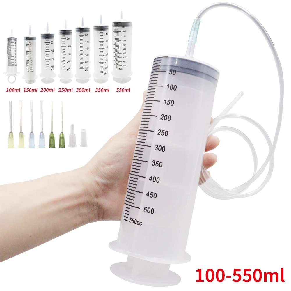 100-550ml Large Syringes With Tube for Liquid Plastic Syringes With Tip Cap for Glue Dispensing, Watering, Refilling, Feeding