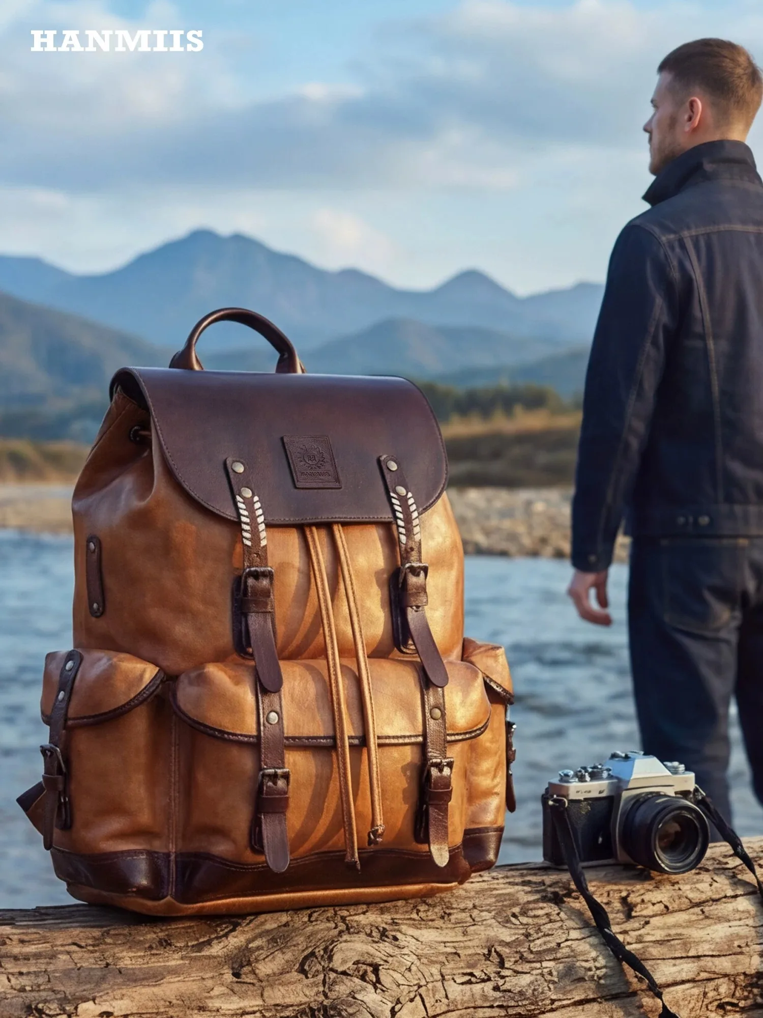 HANMIIS Pepper‑Salt Full‑Grain Leather Large‑Capacity Backpack, Genuine Leather Travel Duffel Bag for Men, Outdoor Rucksack