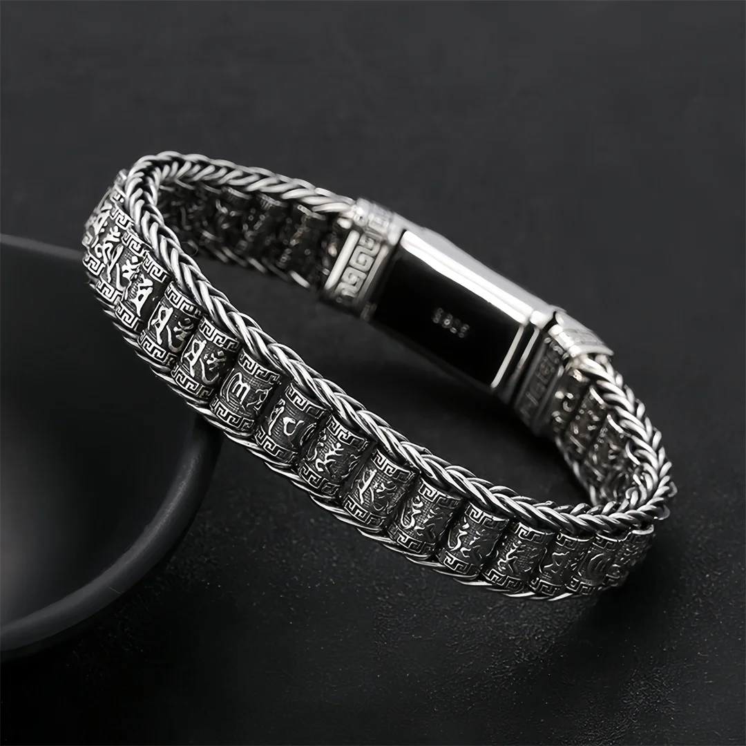 BOCAI New S925 Sterling Silver Charms Bangle for Men Six Character Mantra Prayer Wheel Bracelets Fine Choice Jewelry