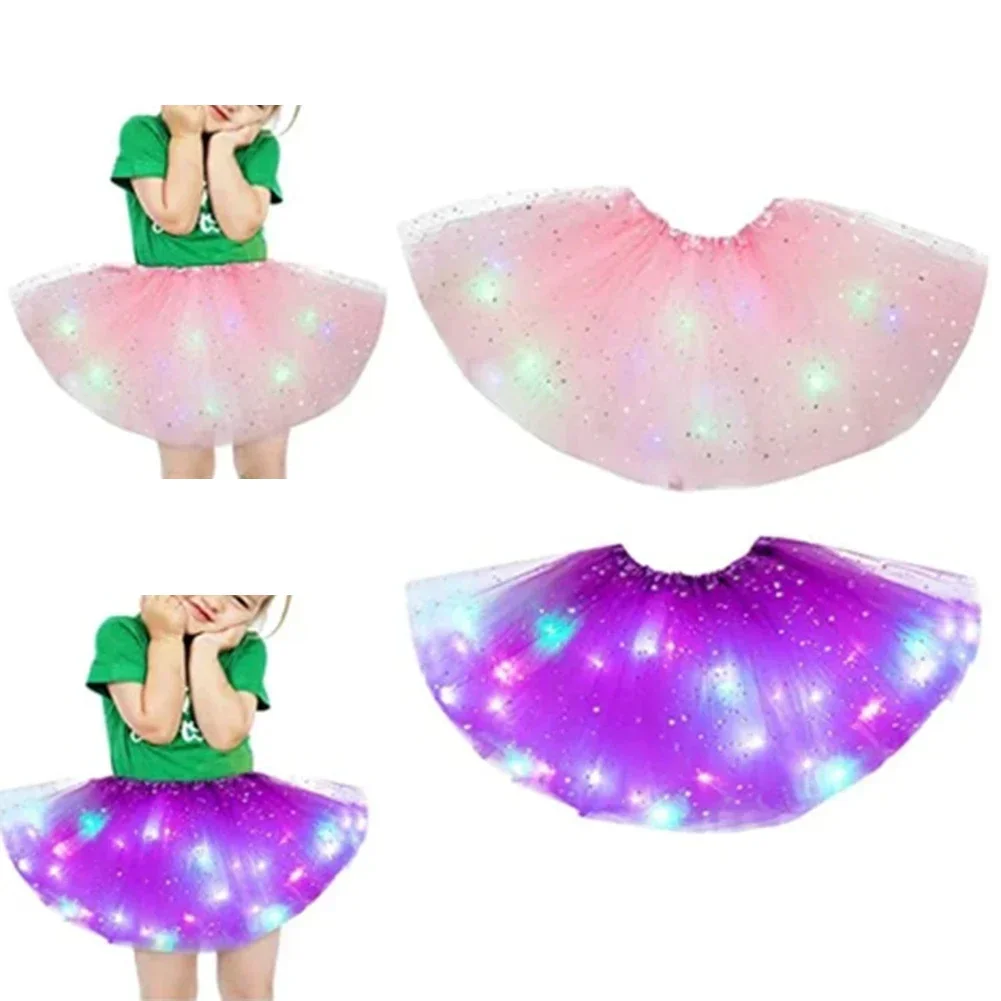 Luminous LED Fluffy Skirt Girls Layered Ballet Dance Pleated Skirt Tulle Light Up Short Dress for Birthday Party Wearing Costume