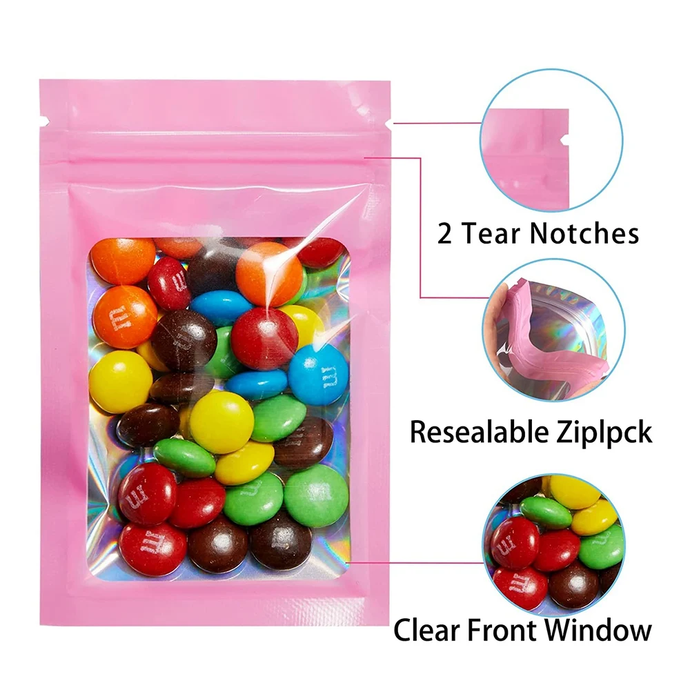 200 Pcs Smell Proof Mylar Bags Holographic Packaging Bags, Resealable Odor Proof Bags Foil Pouch Bags for Food Storage