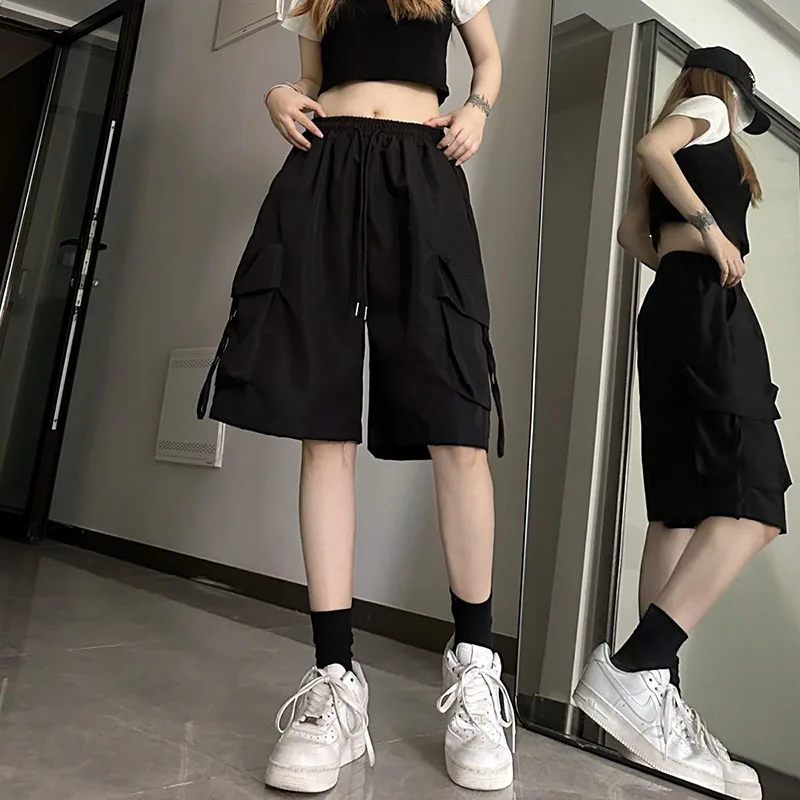 

Women Cargo Shorts High Waist Drawstring Baggy Pockets Casual Knee-Length Shorts Bf Korean Streetwear Jogging Wide Leg Pants