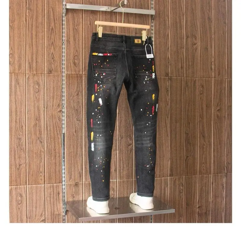 Fall 2026 Men's Daily Casual Trousers Black Ink Splash Print Denim Stretch Slim Straight Jeans American Style For Men