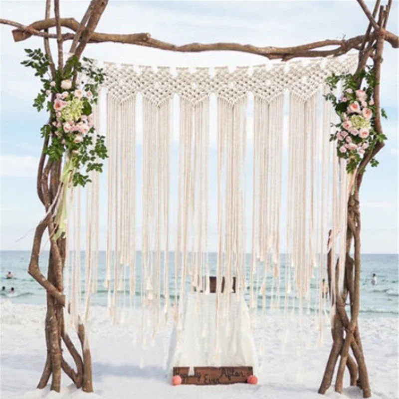 Tapiz bohemio hecho a mano, cortina rústica de macramé para boda, telón colgante de pared artesanal, telón de fondo de algodón Vintage para fiesta,