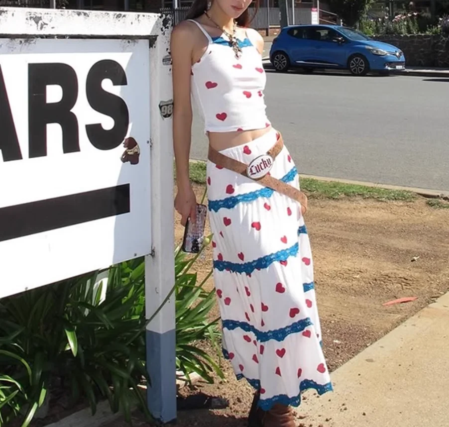 Harajuku Vintage Skirt Love Print A-line for Women, Female Long Skirts, Slim, Kawaii, White, Elastic Waist Skirts Suit New