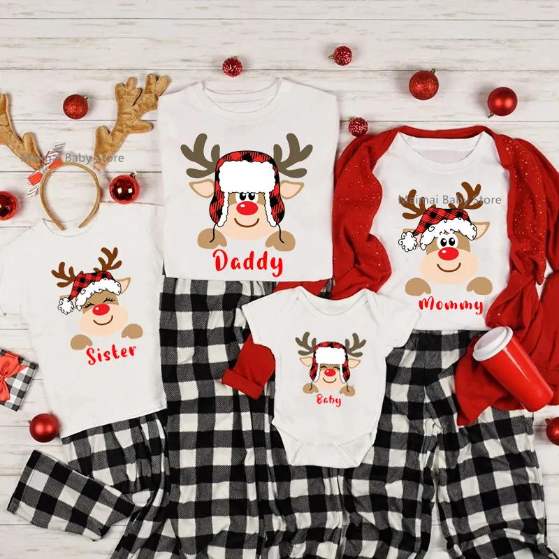 New Deer Print Family Christmas Shirts Cotton Dad Mom Brother Sister T-shirts Baby Rompers Family Look Xmas Party Tops Outfits