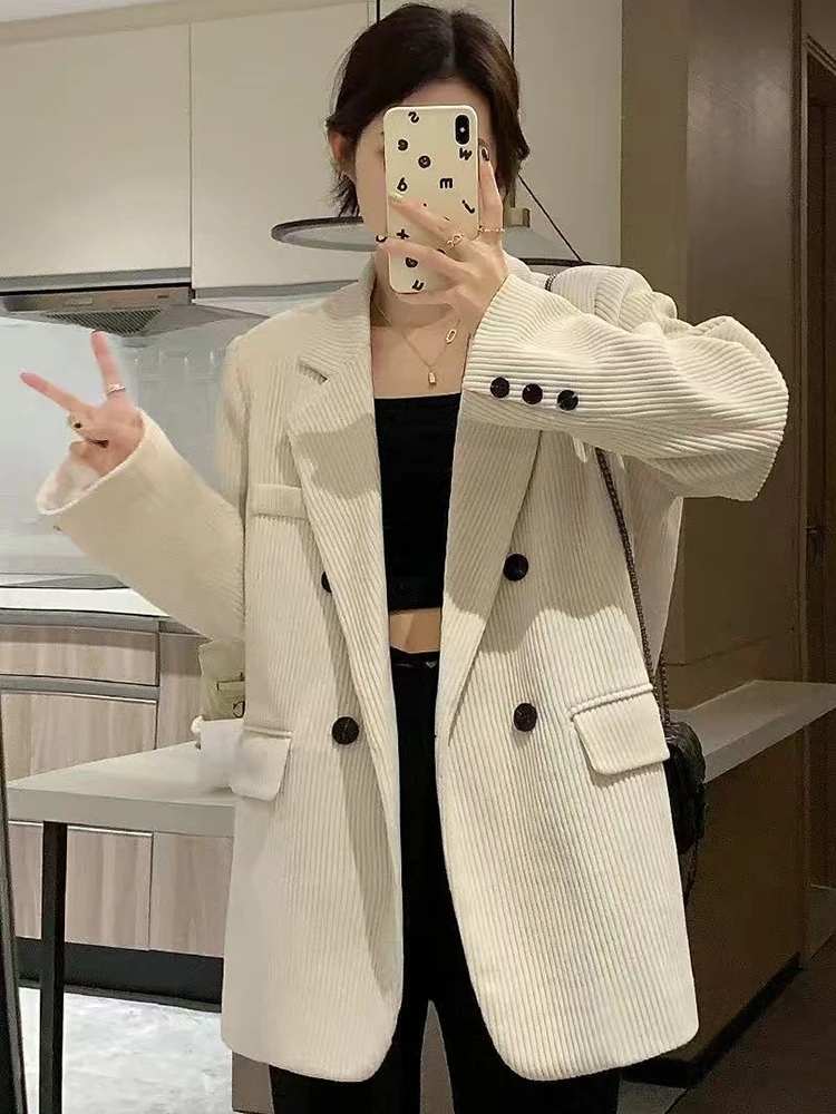 Winter Corduroy Blazer Women Y2K Loose Streetwear Casual Jacket Female Fashion Double-Breasted All Match Lapel Suit Coats New