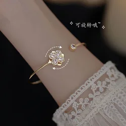 Fashionable Rotatable Four Leaf Zircon Open Bangle Bracelet with Elegant Women's Banquet Jewelry Giving Girlfriends Holiday Gift