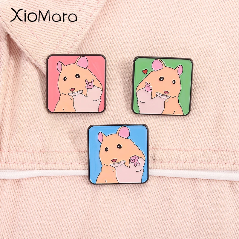 Cute Peace Hamster Enamel Pins Funny Selfie Hamster Cartoon Animal Brooches Lapel Backpack Badge Jewelry Gifts for Kids Friends