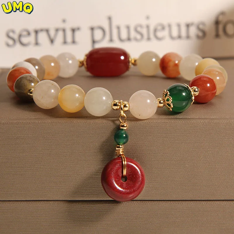 

Gold Wire Jade Agate Crystal Bracelet Female Minority Design National Style Cinnabar Safety Buckle Transfer Hand String Girlfrie