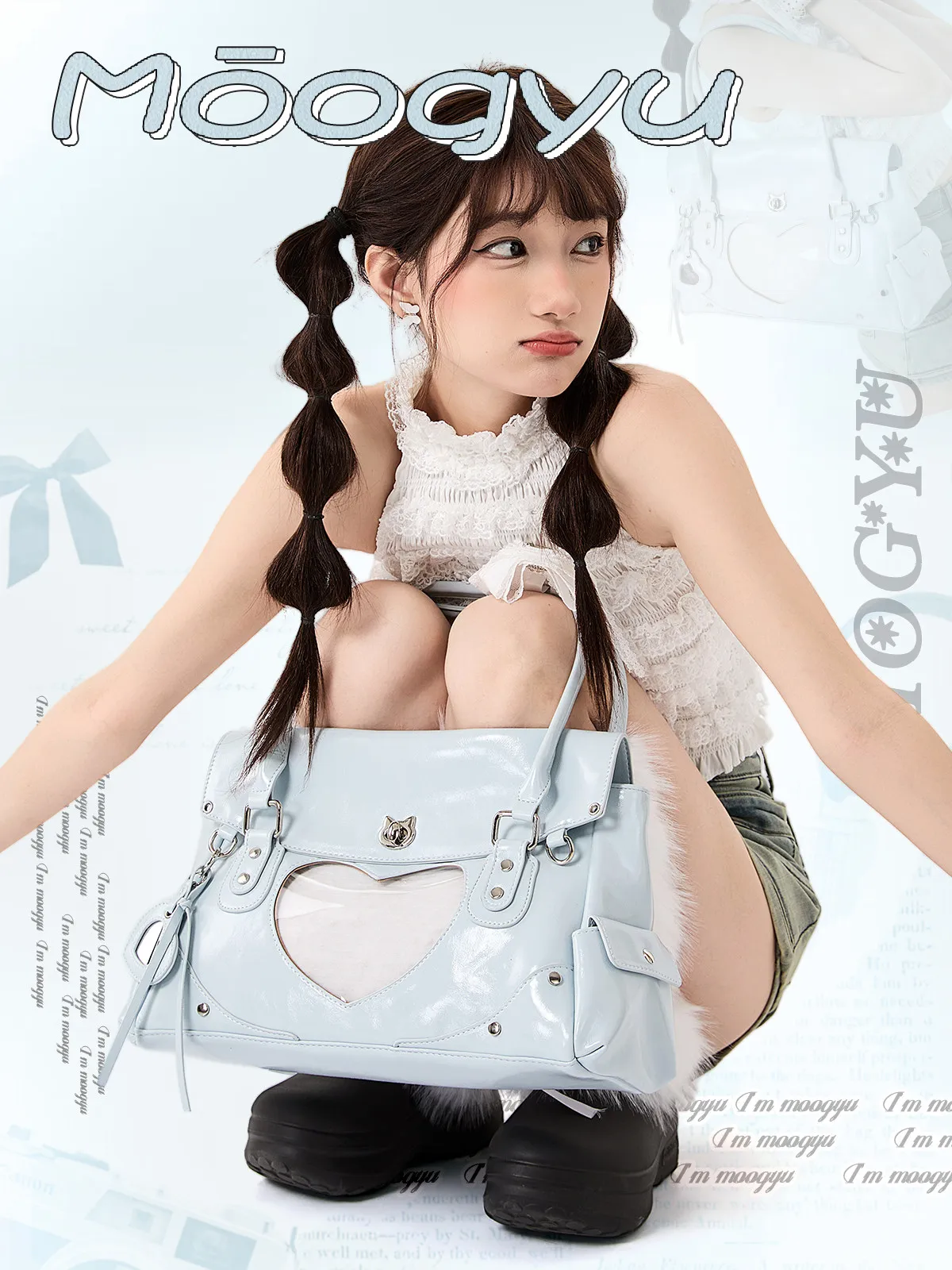 Blue Heart-shaped Pain Layer Tote Bag Women's Large-capacity Commuter College Wind Two-dimensional Lta Bag Girl Shoulder Bags