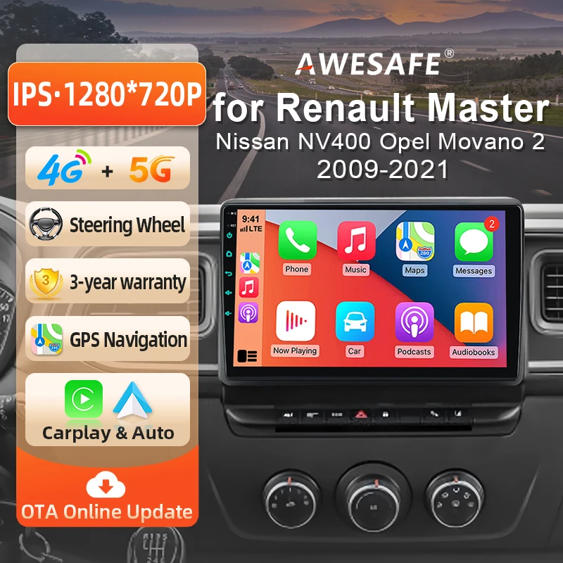 AWESAFE Radio Android 10 pouces pour Nissan NV400 pour Opel Movano 2 2009-2021, CarPlay sans fil et Android Auto, navigation GPS, support multimédia, commande au volant, amplificateur de subwoofer, caméra arrière avec CAN-BUS EU Plug and Play DAB+ Autoradio numérique 2 DIN RDS