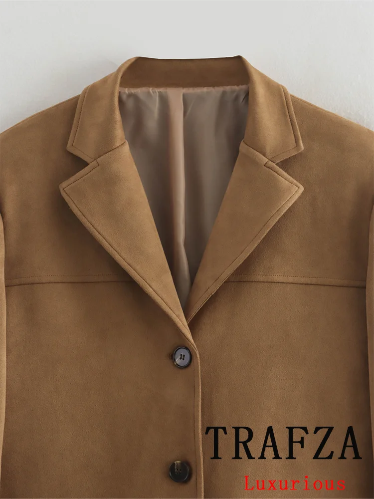 TRAFZA Vintage Casual Women Blazer Solid Single Breasted Long Sleeve Pockets Blazer New Fashion 2024 Autumn Office Lady Blazers