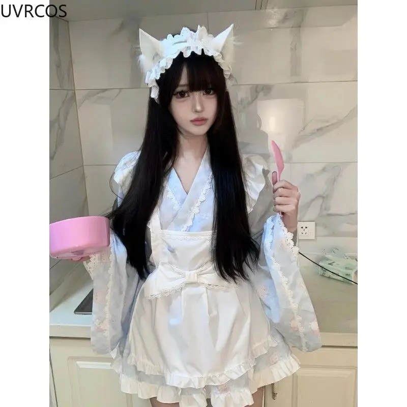 Japanese Cute Lolita Op Dress Women Sweet Cartoon Bear Dog Print Ruffle Bow Apron Maid Party Dress Fashion Kawaii Princess Dress