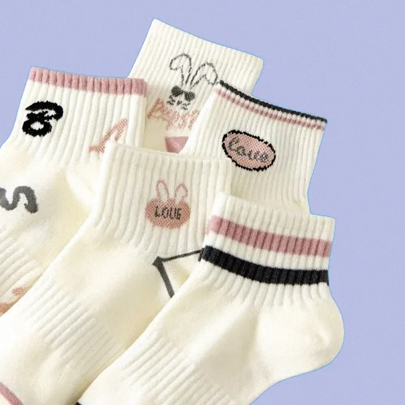 5/10 Pairs High Quality Women\'s Socks Sports New Pink Trendy Socks Pink Rabbit Women Cotton Socks Student Shallow Mouth Socks