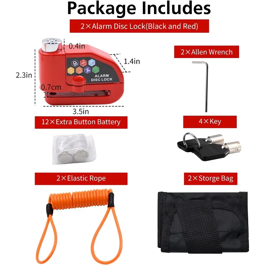 إنذار القرص قفل مجموعة 2 قطعة قفل الفرامل مع ميزة مضادة للسرقة مقاوم للماء 110 ديسيبل إنذار بصوت عال 7 مللي متر دبوس قطر 5ft تذكير كابل ل