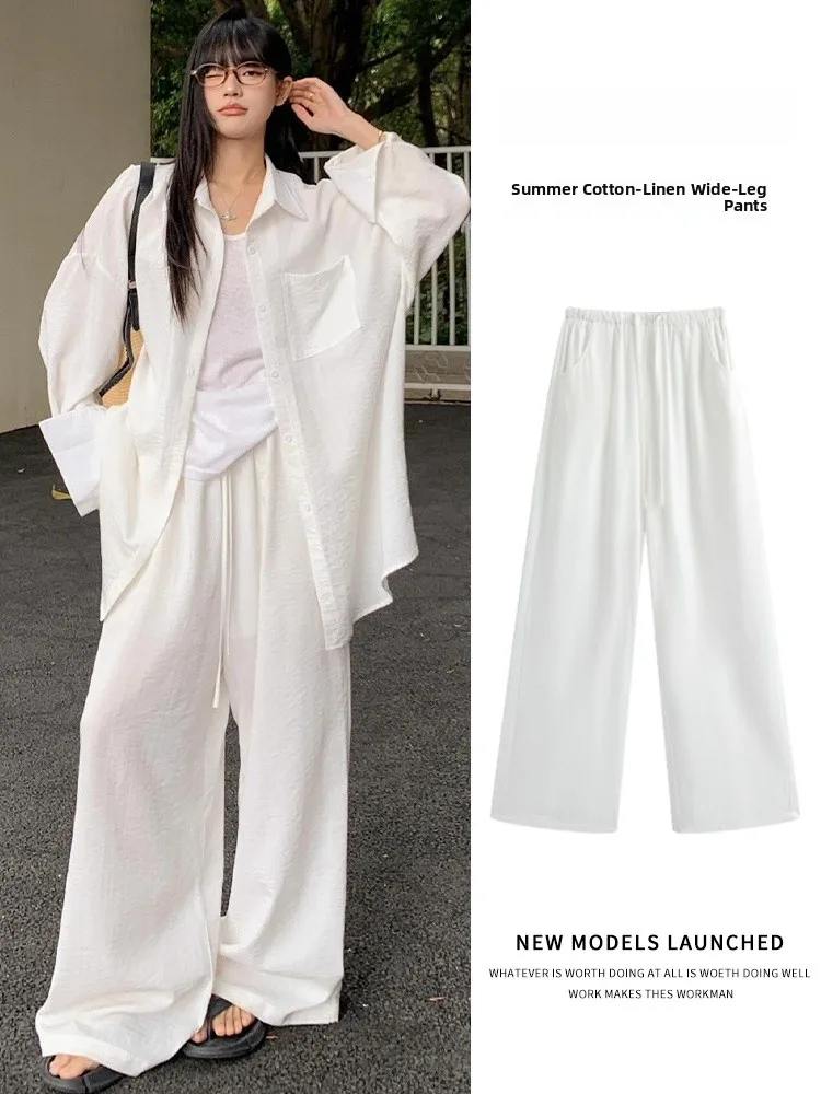 白い綿麻ワイドレッグパンツ レディース 夏 薄手 ゆったり カジュアル ラフ 小さいサイズ スリム ハイウエスト マキシ丈 ストレートパンツ