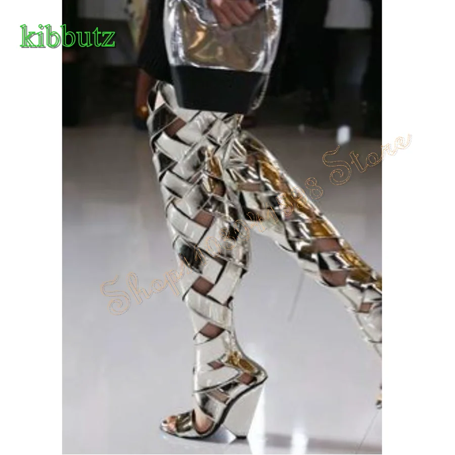 

Thick Sole Hollow Patent Leather Over The Knee Boots Round Toe Shaped Heel Sandals Women High Heels 2024 New Zapatos Para Mujere