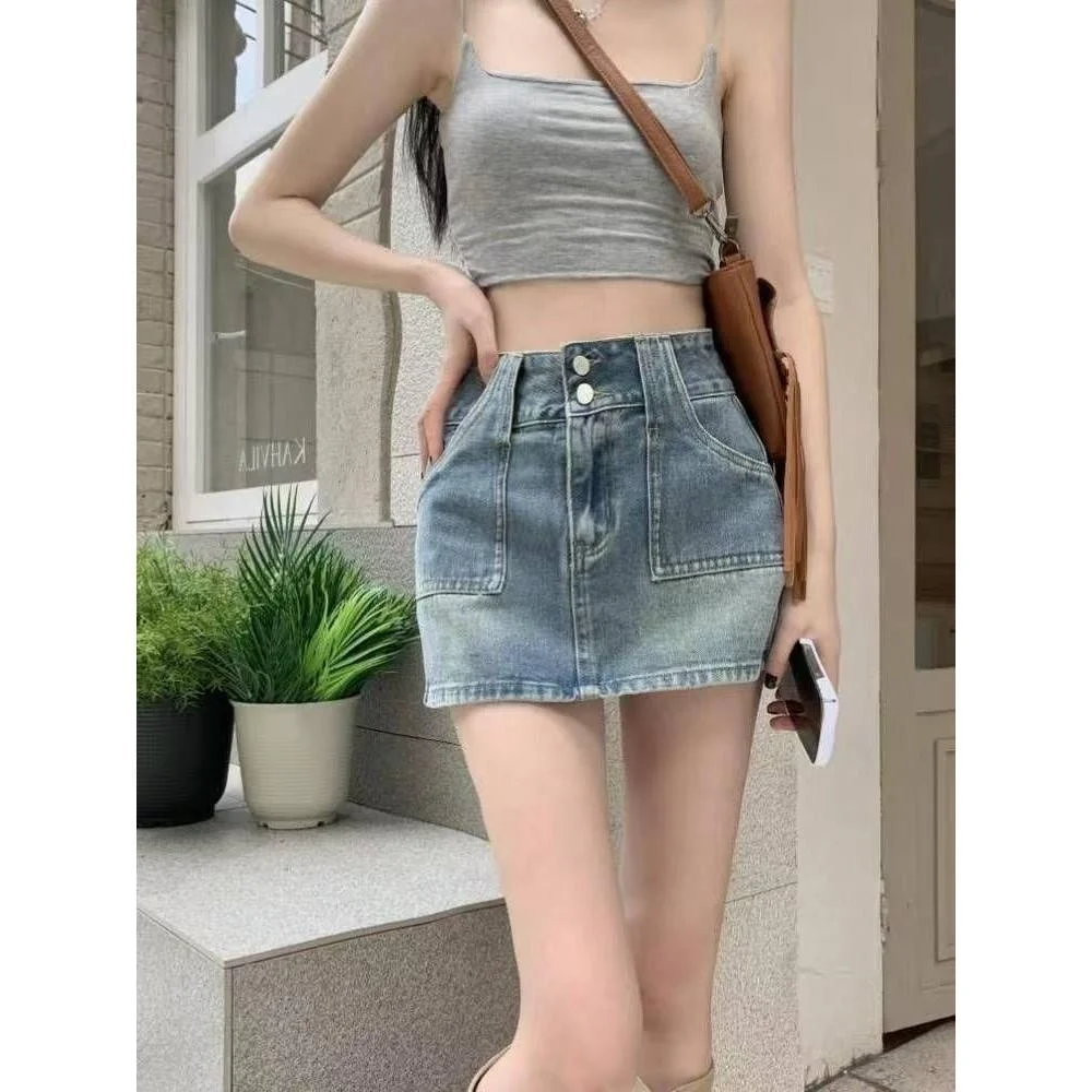 

American Retro High Waist Slimming A-Line Skirt Denim ort Skirt Sexy Girl Prevent Exposure Wrap around Skirt