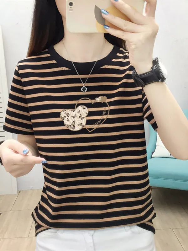 

Loose Short Sleeve T-Shirt Women's Mid-life Mom Shoulder Stripe Slimming Belly Covering Top Cotton Polyester Blend Casual Wear