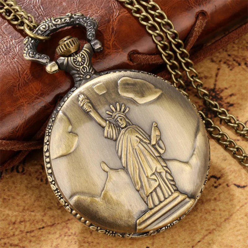 

Винтажные резные статуи Свободы с узором для мужчин и женщин, кварцевые аналоговые карманные часы, ожерелье, цепочка для свитера, сувенирные часы, подарок в стиле ретро