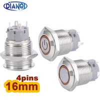 1pc 16mm Flat Metal Push Button Switches 4 Short Pin Terminals Latching Lock/ Self-Reset  6V12V220V Red Green LED Light for PC